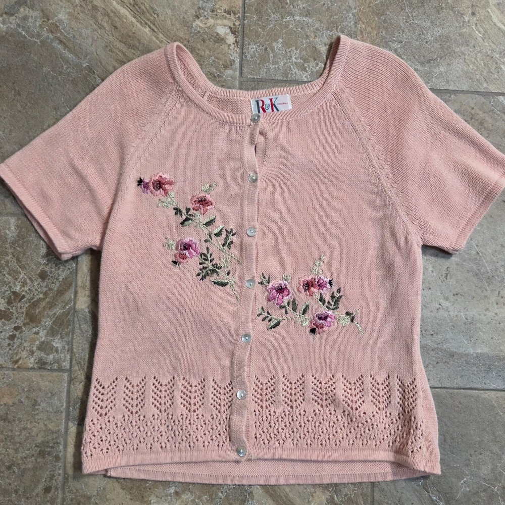 Vintage R&K Originals Pink Floral Embroidered Cardigan Sweater 12 Cottage Core